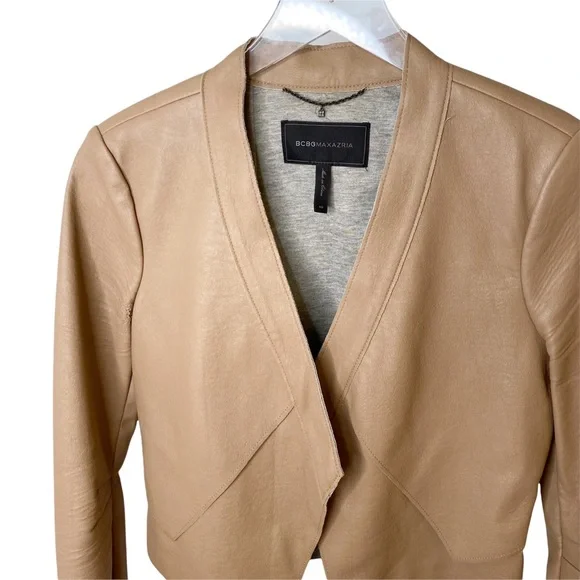 BCBG Maxazria Faux Vegan Leather Lloyd In Camel Cropped Jacket XS - Picture 3 of 9